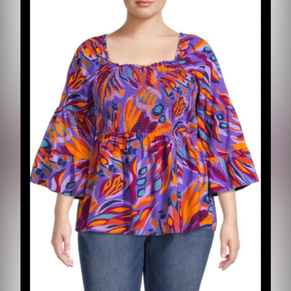 Terra & Sky Bell Sleeve Smocked 3/4 Sleeve Swing Top Blouse - 14W